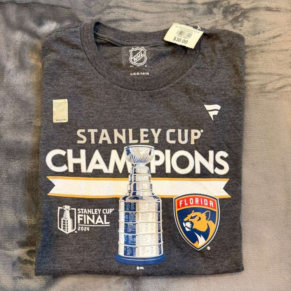 Florida Panthers Shirt Youth Sz L Gray NHL Hockey 2024 Stanley Cup Champions Tee